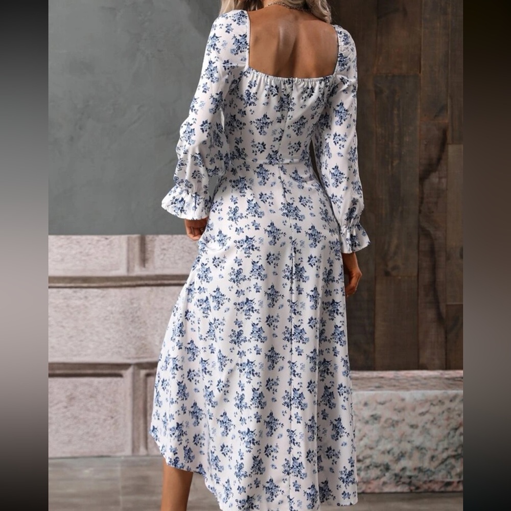 Bohemian White Floral Print Puff Sleeve Cottagecore Dress - Picture 2 of 5